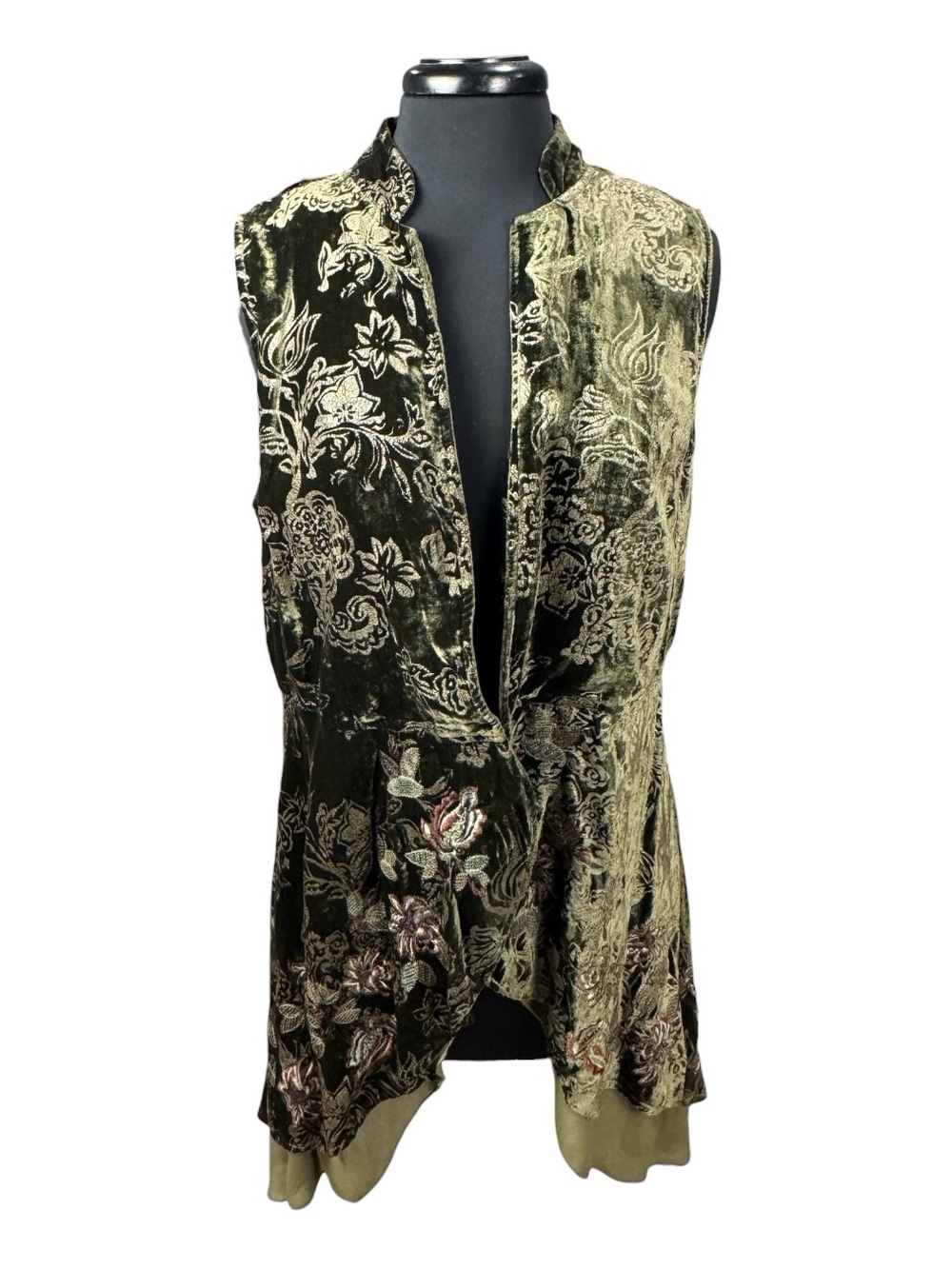 John Mark Olive Green Burnout Velvet Embroidered Long Vest Women’s Size L NWOT